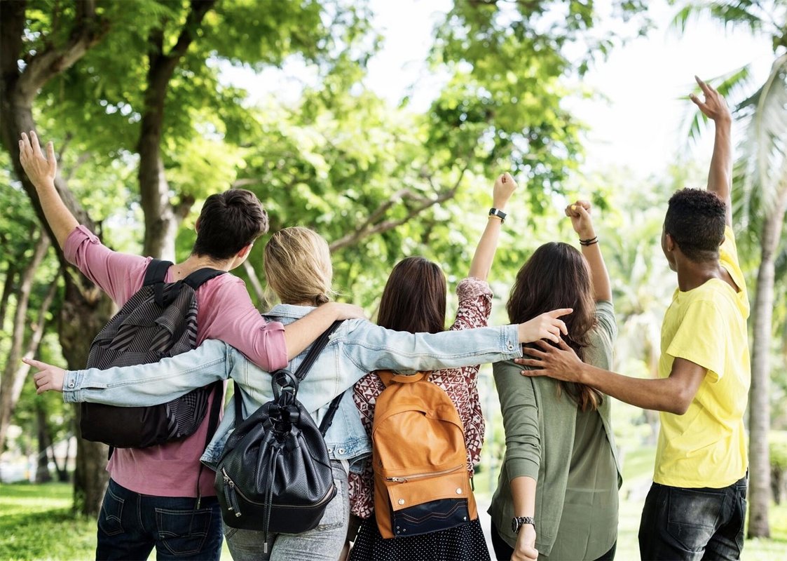 5 jeunes vus de dos dans une forêt
