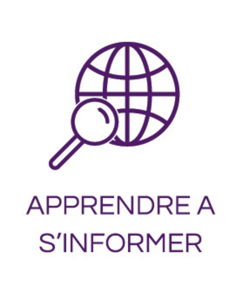 Icône loupe et globe pour lien vers page s'informer